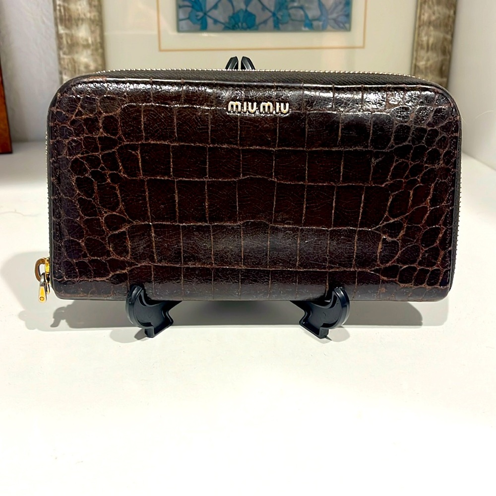 MIU MIU Leather Long Wallet Croc Embossed Brown